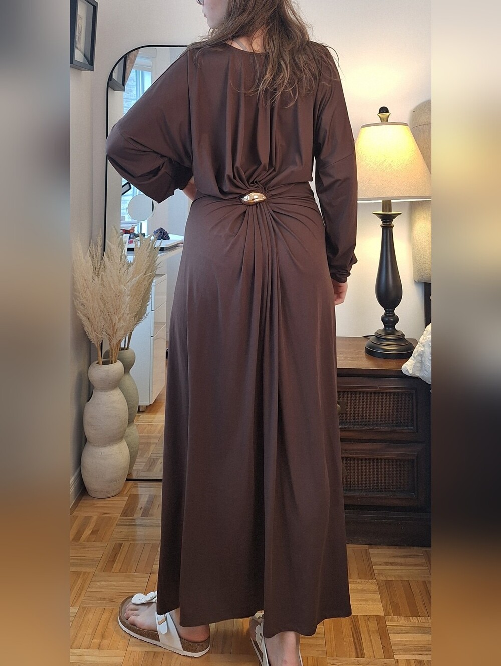 Commense Chocolate Brown Maxi Dress with Twist Back and Gold Accent